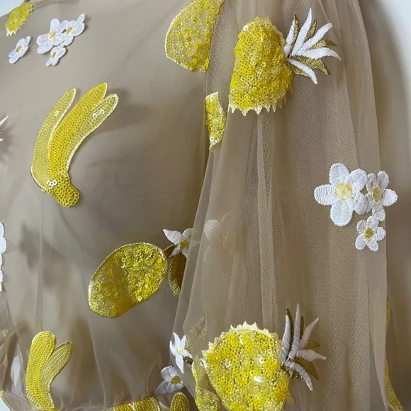 Topshop Sheer 3/4 Sleeve Embroidered Crop Top with Yellow Appliqué Size 2 - Picture 12 of 13